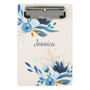 Moderne Blaue Aquarell-Blumen mit personalisiertem Mini Klemmbrett