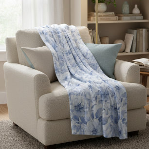 Moderne Blaue Aquarell-Blumenmuster Fleecedecke