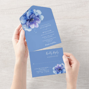 Moderne Blaue Aquarell-Botanische Blumenhochzeit All In One Einladung
