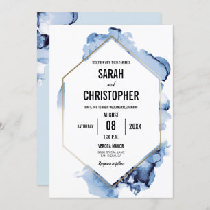 Moderne blaue Aquarellfarbe mit Goldrahmen Einladung