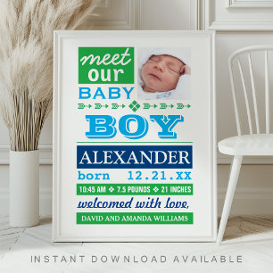 Moderne blaue Babboy-Geburtsanzeige Poster
