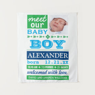 Moderne blaue Babboy-Geburtsanzeige Wandteppich