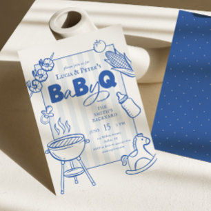 Moderne blaue BBQ-Paare Baby-Q-Baby-Party Einladung