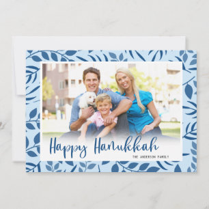 Moderne blaue Blätter und Kalligrafie Foto Chanukk Feiertagskarte