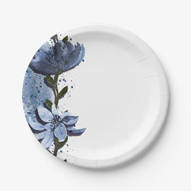 Moderne blaue Blumen Blumenwasser Hochzeit Pappteller (Vorderseite)