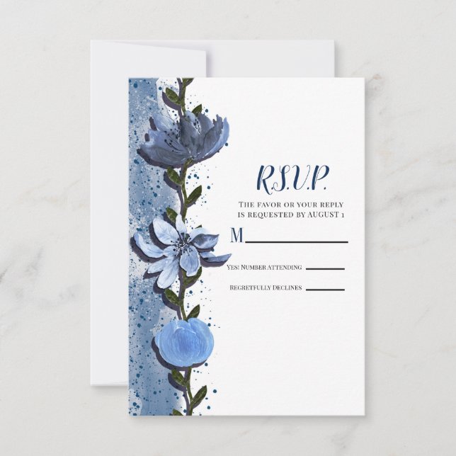 Moderne blaue Blumen Blumenwasser Hochzeit RSVP (Vorderseite)