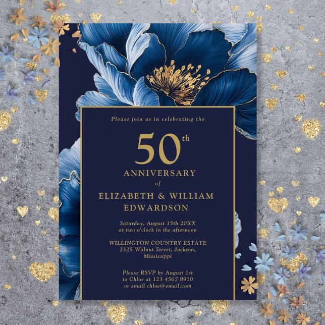 Moderne blaue Blumen Elegant 50 Jahre Jubiläum Einladung (Modern Navy Blue Floral Elegant 50th Anniversary Invitation)
