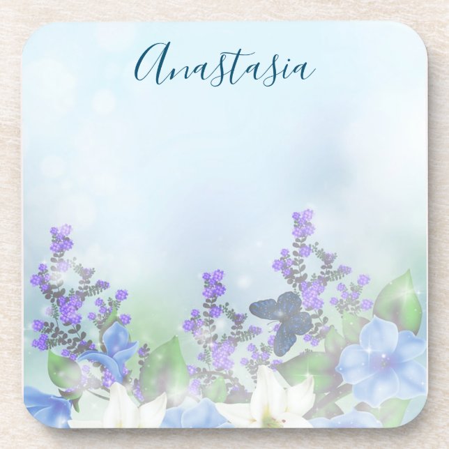 Moderne blaue Blumen Getränkeuntersetzer (Vorderseite)