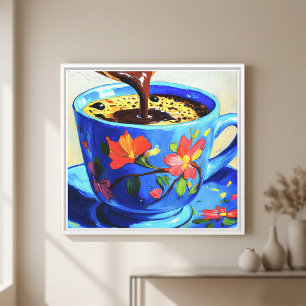 Moderne blaue Blumen-Kaffeetasse auf quadratischer Leinwanddruck