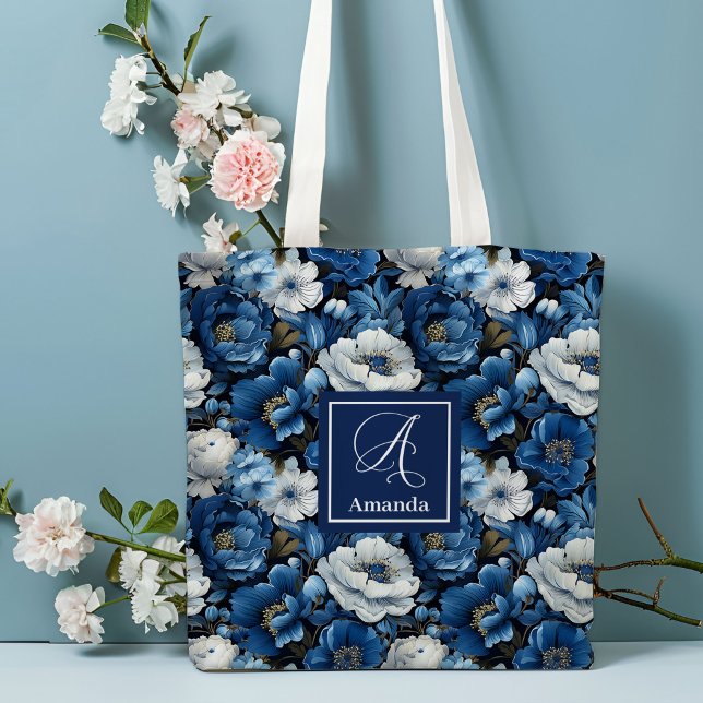 Moderne blaue Blumen Personalisierte Blumen-Traget (Modern Blue Flowers Personalized Floral Tote Bag)