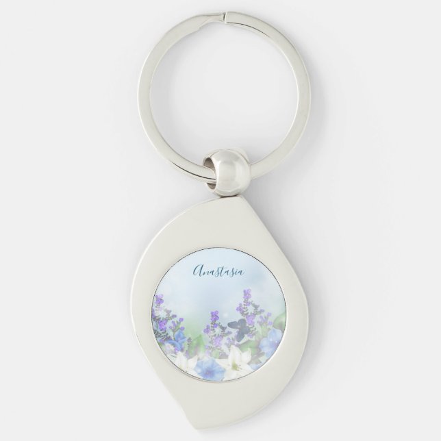 Moderne blaue Blumen Schlüsselanhänger (Vorderseite)