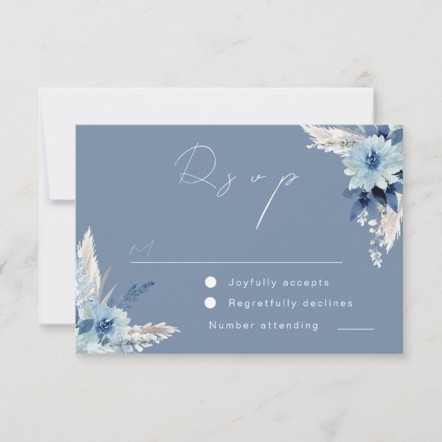 Moderne blaue Blumen Schöne Hochzeit RSVP Karte (Vorderseite)