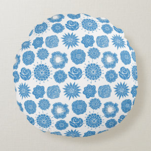 Moderne blaue Blumen stilvolles Motiv Rundkissen Rundes Kissen