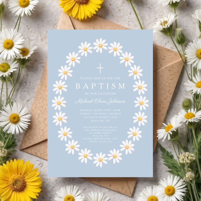 Moderne blaue Blumenmuster-Mädchen-Taufe Einladung (Modern Blue Floral Daisies Girl Baptism Invitation
)