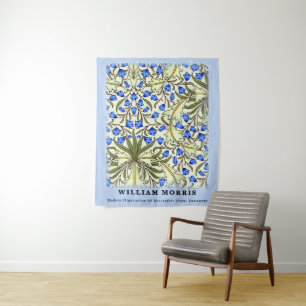 Moderne Blaue Blumige Blätter von William Morris Wandteppich