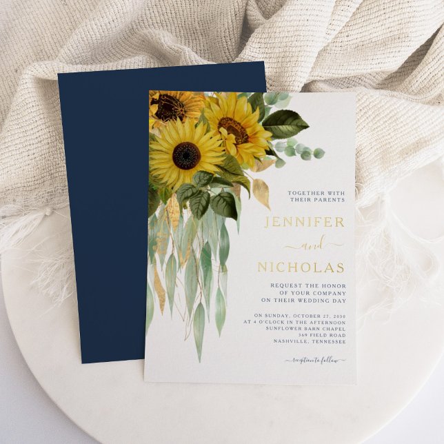 Moderne blaue Blütenblume Hochzeitsgoldfoi Folieneinladung (Modern Navy Blue Floral Sunflower Wedding Gold Foil Invitation)