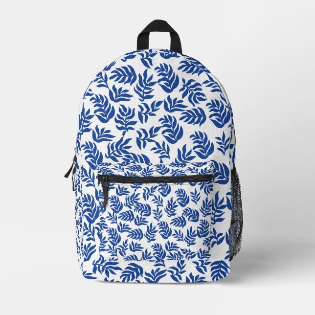 Moderne Blaue Botanische Blätter Muster Bedruckter Rucksack (Vorderseite)