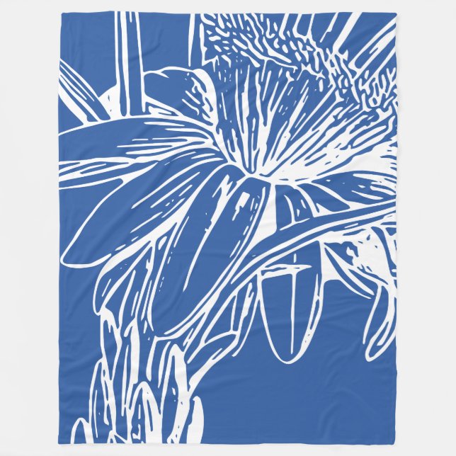 Moderne blaue botanische Blumenlinie Zeichne Artwo Fleecedecke (Vorderseite)