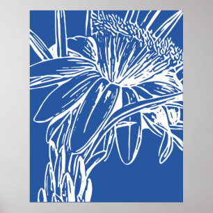 Moderne blaue botanische Blumenlinie Zeichne Artwo Poster