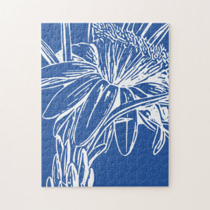 Moderne blaue botanische Blumenlinie Zeichne Artwo Puzzle