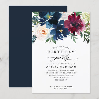 Moderne Blaue Burgunder-Flora-Geburtstagsparty Einladung