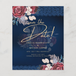 Moderne blaue burgunderrote Blumen-Spitzen-Hochzei Flyer