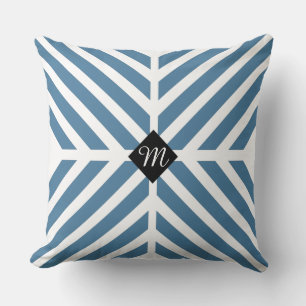 Moderne blaue diagonale Streifen Monogramm Anfangs Kissen