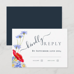 Moderne Blaue Elegante Sommerliche Blumige Hochzei RSVP Karte