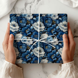 Moderne blaue Elfenbein-Blumen-Dekorativ-Verpackun Geschenkpapier