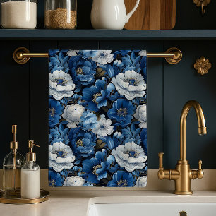 Moderne blaue Elfenbein-Blumen-Dekorative Küchenha Geschirrtuch