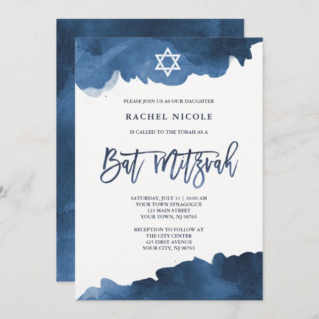 Moderne blaue Farbe | Bat Mitzvah Einladung (Vorne/Hinten)