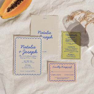 Moderne blaue Farben Retro Spaß Whimsical Wedding Einladung