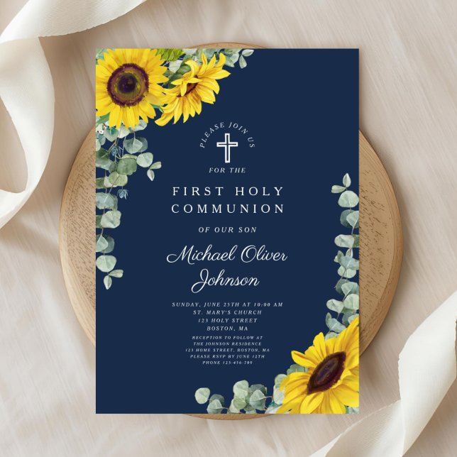 Moderne blaue Flora Erste Heilige Kommune Einladung (Modern Navy Blue Floral First Holy Communion Invitation)