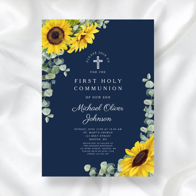 Moderne blaue Flora Erste Heilige Kommune Einladung (Modern Navy Blue Floral First Holy Communion Invitation)