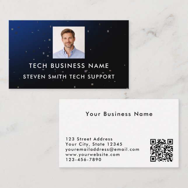 Moderne Blaue Foto- und QR-Code-Tech-Professionell Visitenkarte (Vorne/Hinten)