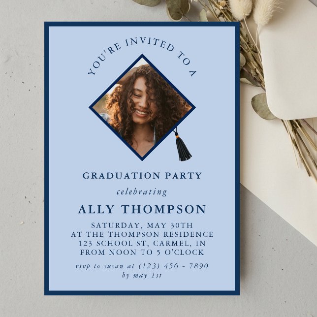 Moderne blaue Fotorahmen-Abschlussfeier Einladung (Modern Blue Photo Frame Graduation Party Invitation)