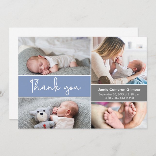 Moderne blaue Fotos Babydusche Danke (Vorne/Hinten)