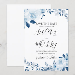 Moderne blaue französische Blumenhochzeit Save The Date