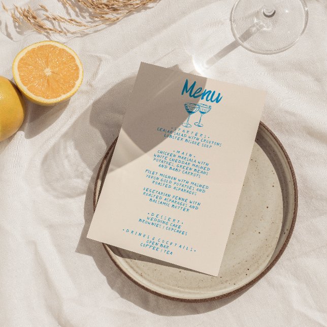 Moderne, blaue, französische Handzeichnung Retro H Menükarte (Von Creator hochgeladen)