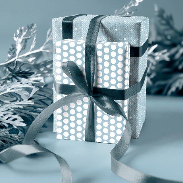 Moderne blaue Geometrie, Polka Dot & Trees Geschenkpapier Set (Modern Dusty Blue Geometrical, Polka Dot & Trees Wrapping Paper Sheets)