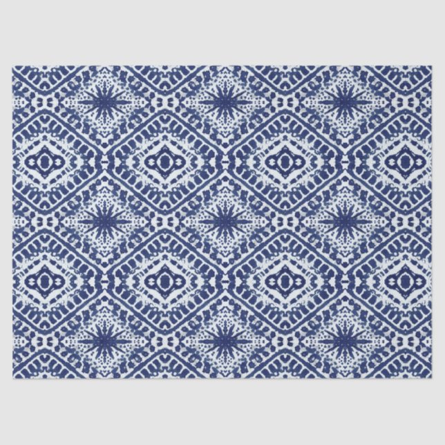 Moderne blaue, geometrische Batik-Stars Seidenpapier (Vorderseite)
