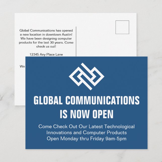 Moderne blaue Geschäftseröffnungs-Werbung Postkarte (Vorne/Hinten)