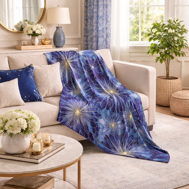 Moderne Blaue Gold Blumenmuster Fleecedecke (Von Creator hochgeladen)