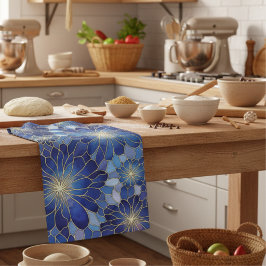 Moderne Blaue Gold Blumenmuster Geschirrtuch