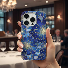 Moderne Blaue Gold Blumenmuster iPhone 15 Pro Hülle