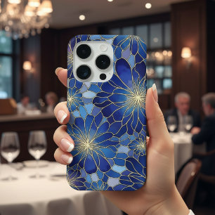 Moderne Blaue Gold Blumenmuster iPhone 15 Pro Hülle