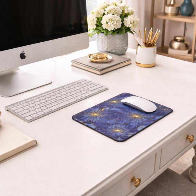 Moderne Blaue Gold Blumenmuster Mousepad (Von Creator hochgeladen)