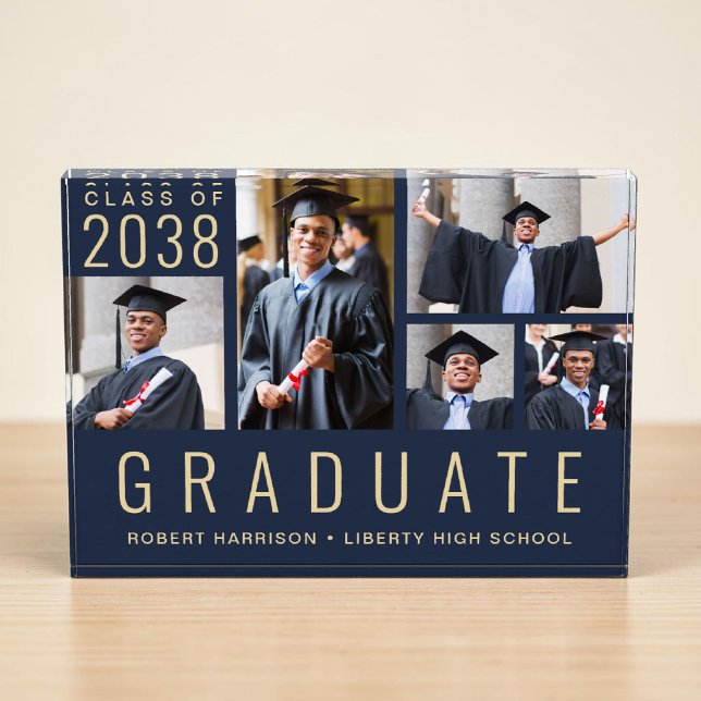 Moderne Blaue Goldene Abschlussfeier Fotoblock (Modern Blue Gold Graduation Photo Block)
