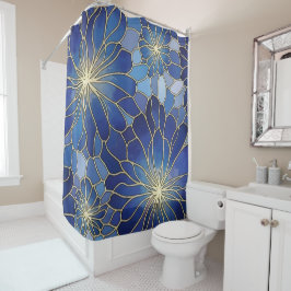 Moderne Blaue Goldene Blumenelemente Duschvorhang