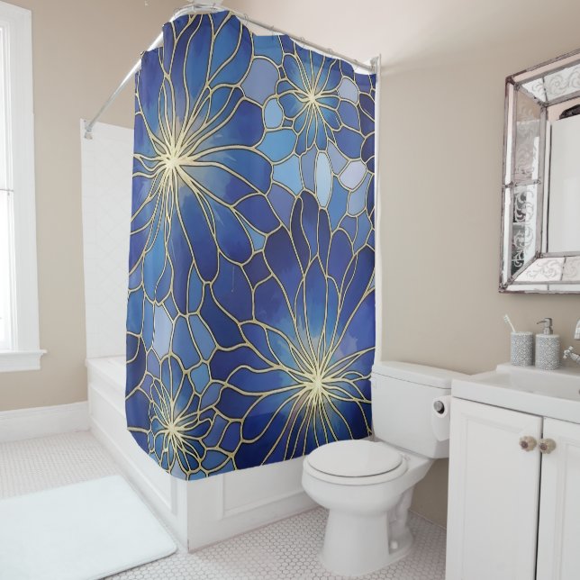 Moderne Blaue Goldene Blumenelemente Duschvorhang (Beispiel)